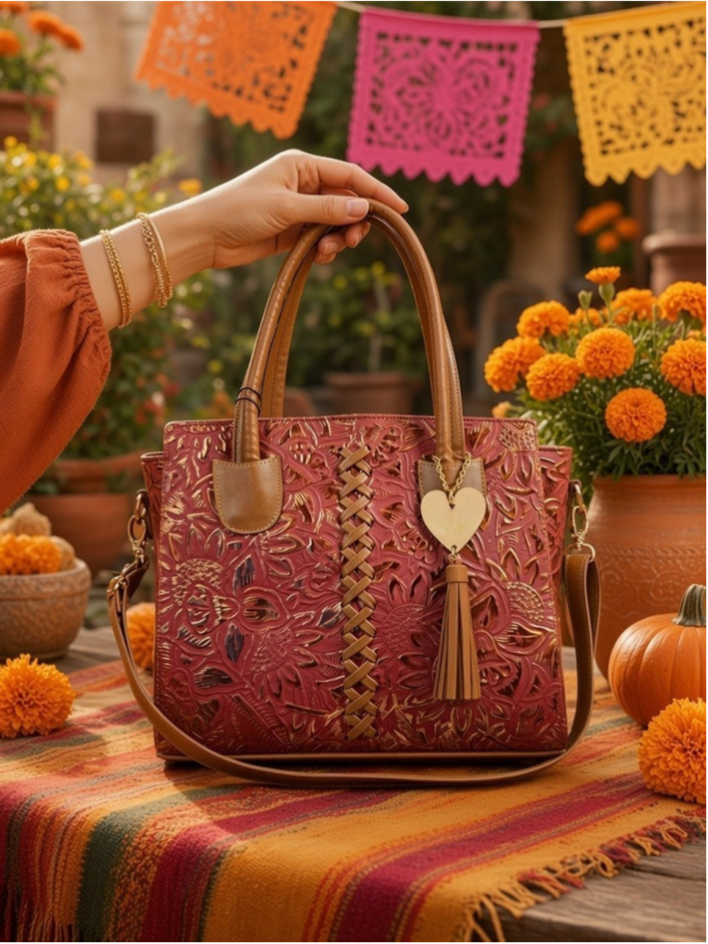 Rustic Red Wine Gold Brown CrossStitch Embossed Tooled Artisan LEATHER Purse Bag